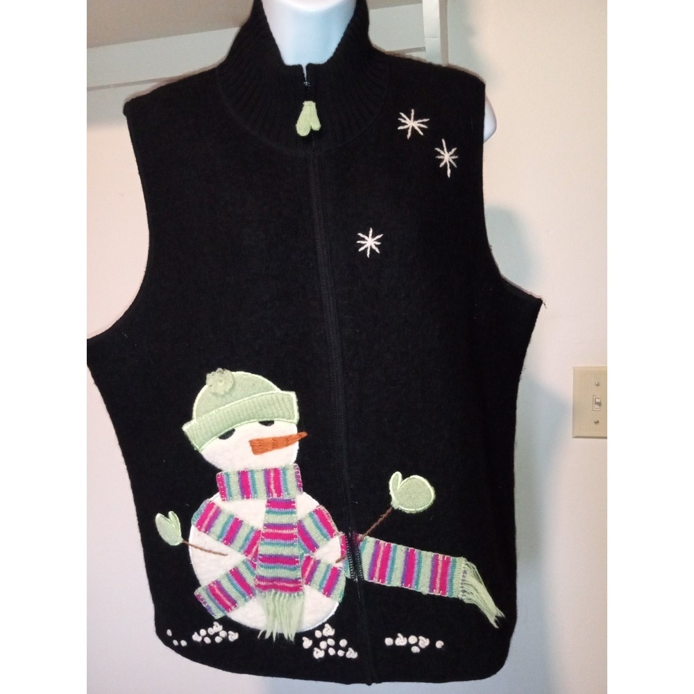 Black Boiled Wool Snowman Zip Up Vest Festive Holiday Winter sz XL ‎ Womens